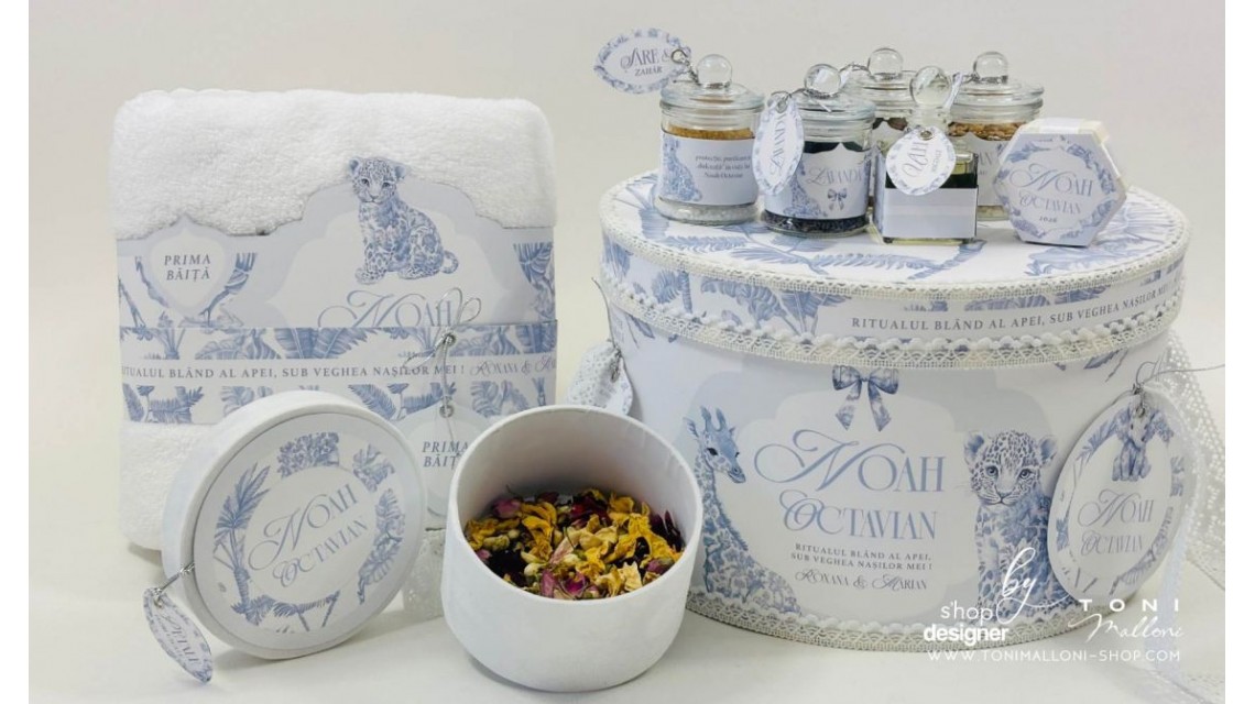 Set prima băiță Safari Blue personalizat băiat ritual după botez cu nașii 20